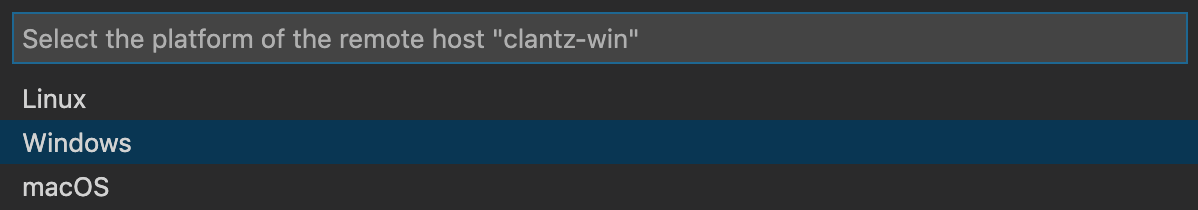 This figure shows a dropdown menu in VS Code to select the type of
server. The options include Windows, Linux, and macOS.